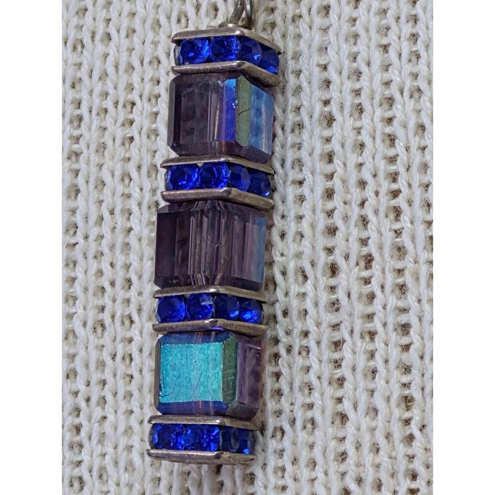 Blue Saphire Spectrum Square Stone Pendant Necklace 16 Inch .925 Sterling Silver - Picture 2 of 6